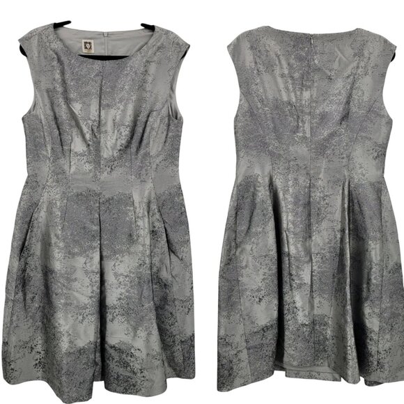 Vtg 80s Metallic Silver Fit Flare Dress Sz 14 Pockets Holiday Party Cocktail - Picture 1 of 11